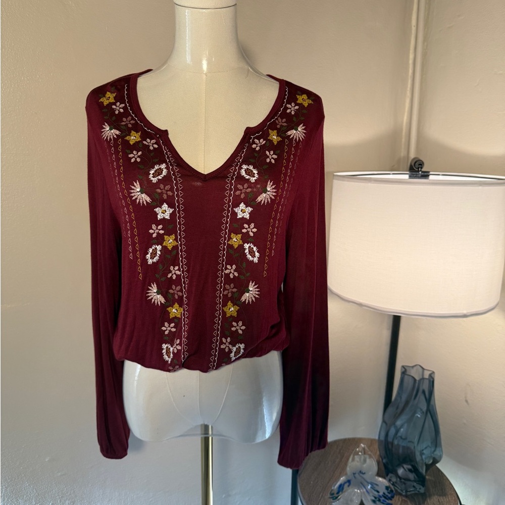 Youth in Revolt Burgundy Embroidered Long Sleeve Boho Blouse – NWT Size Medium